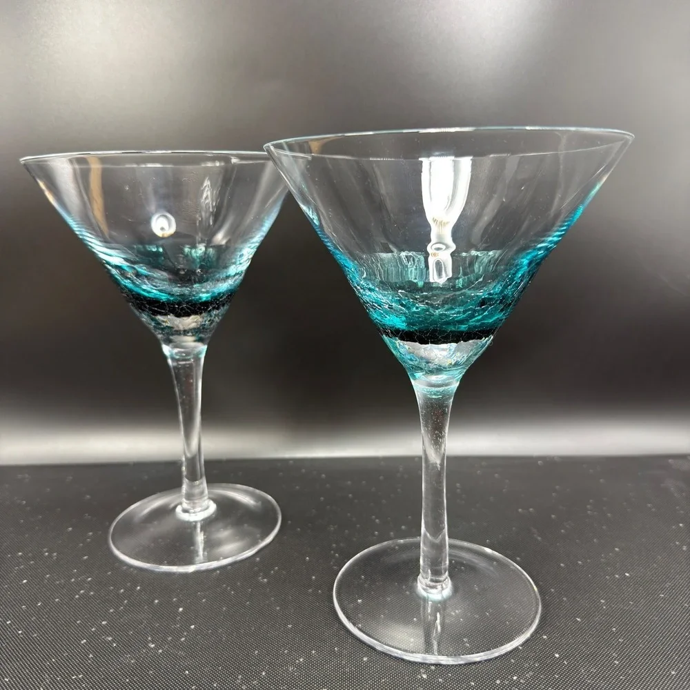 Pier 1 Teal Blue Crackle Glass Martini Glasses Cocktail Stemware‎ Cups Set of 2